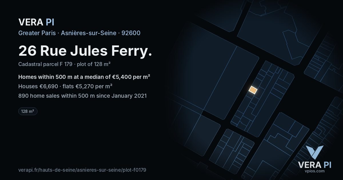 26 Rue Jules Ferry, Asnières-sur-Seine at night – the plot lit, the parcels around coloured by the prices near them