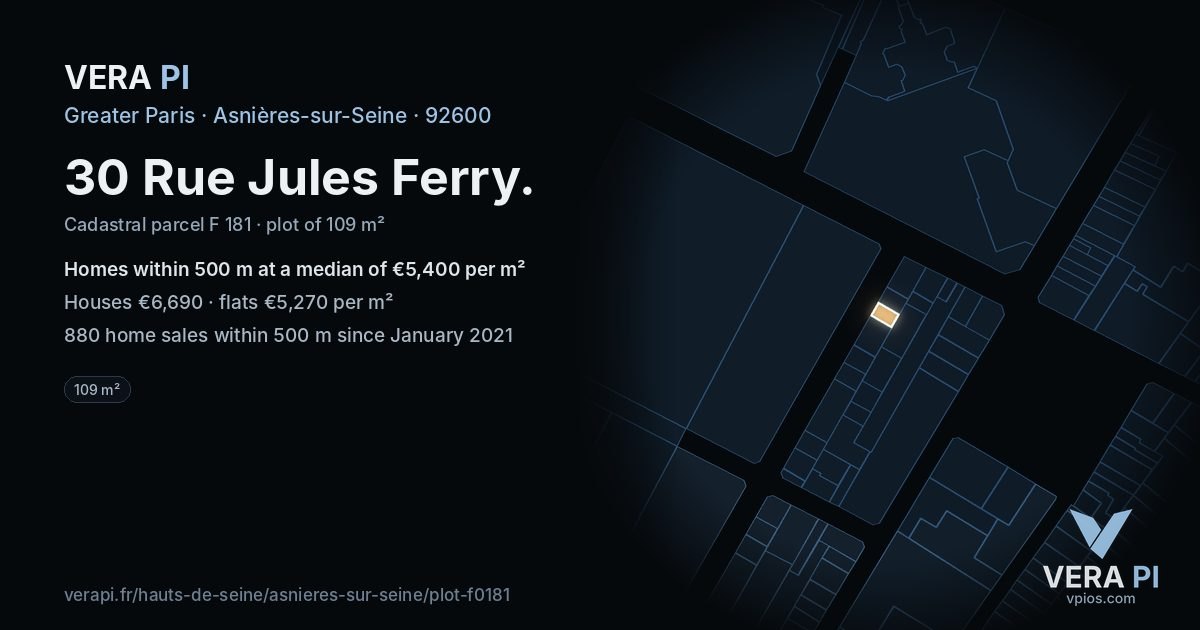 30 Rue Jules Ferry, Asnières-sur-Seine at night – the plot lit, the parcels around coloured by the prices near them