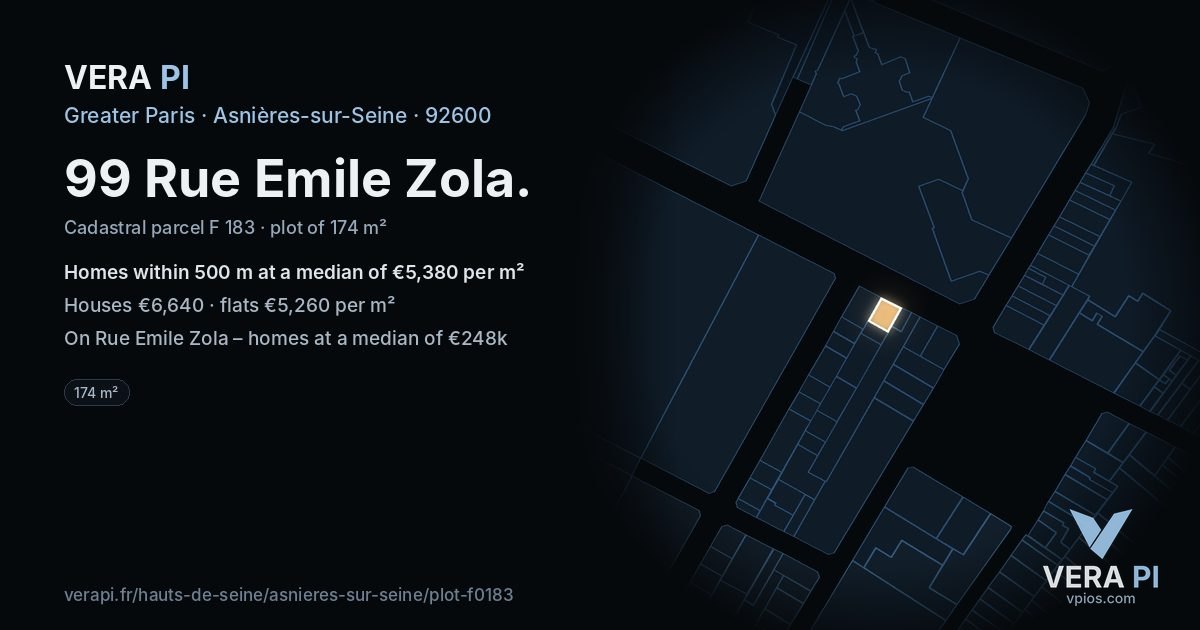 99 Rue Emile Zola, Asnières-sur-Seine at night – the plot lit, the parcels around coloured by the prices near them