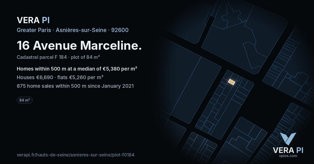 16 Avenue Marceline, Asnières-sur-Seine at night – the plot lit, the parcels around coloured by the prices near them
