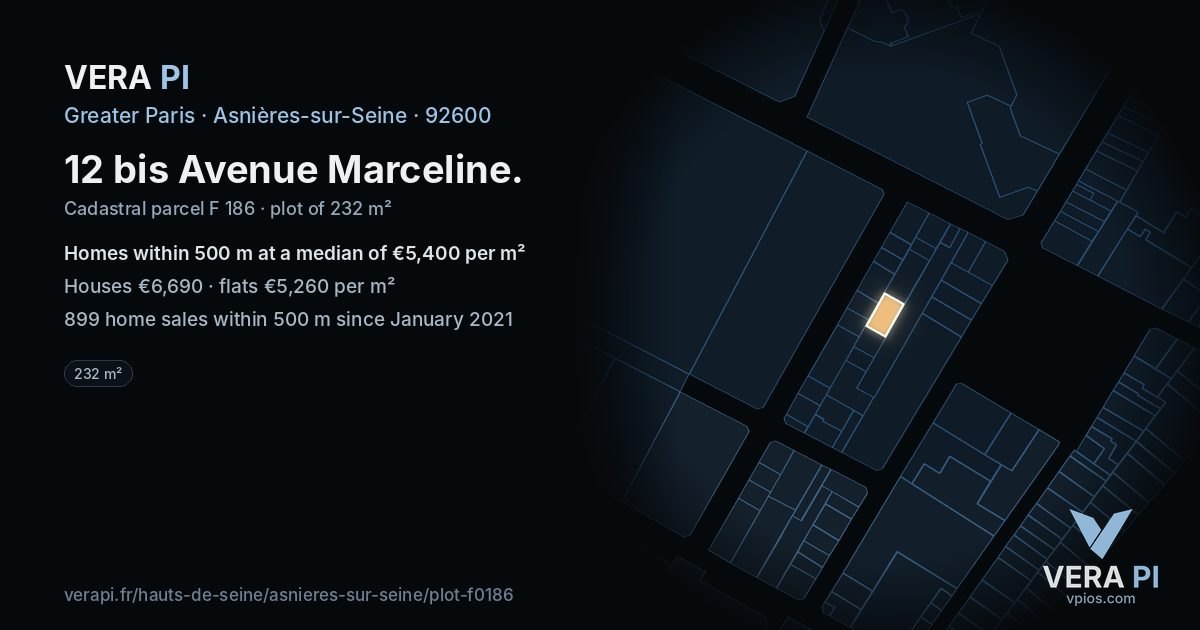 12 bis Avenue Marceline, Asnières-sur-Seine at night – the plot lit, the parcels around coloured by the prices near them
