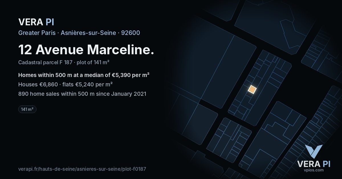 12 Avenue Marceline, Asnières-sur-Seine at night – the plot lit, the parcels around coloured by the prices near them