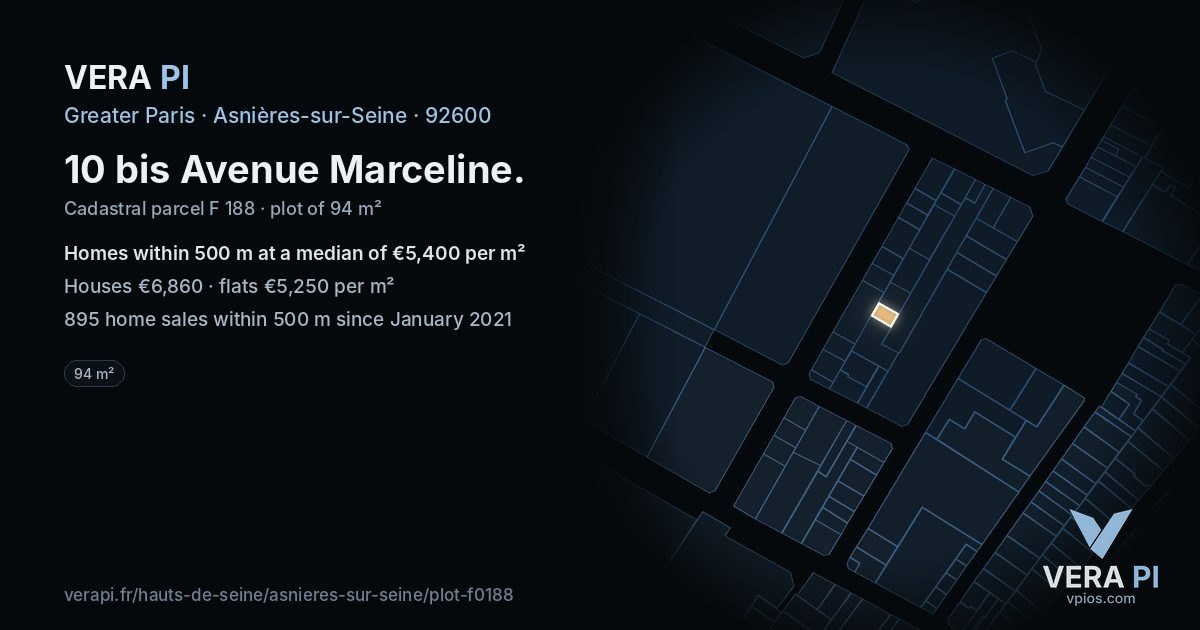 10 bis Avenue Marceline, Asnières-sur-Seine at night – the plot lit, the parcels around coloured by the prices near them