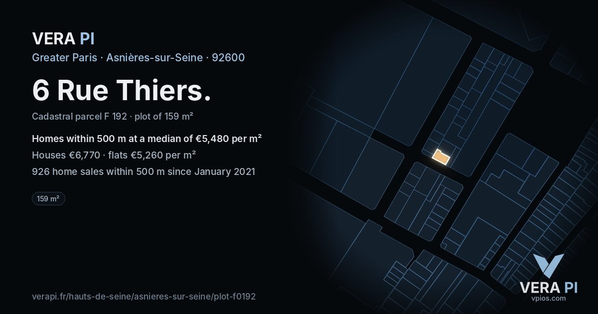 6 Rue Thiers, Asnières-sur-Seine at night – the plot lit, the parcels around coloured by the prices near them