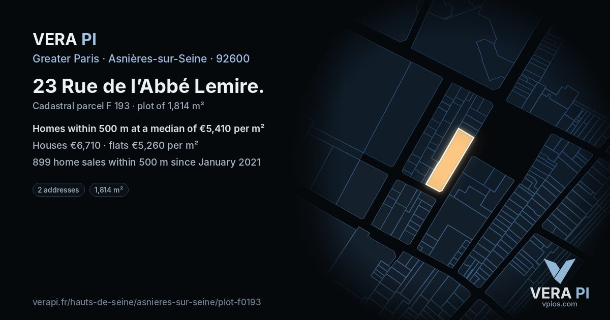 23 Rue de l’Abbé Lemire, Asnières-sur-Seine at night – the plot lit, the parcels around coloured by the prices near them