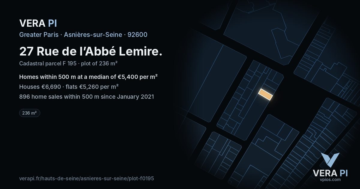 27 Rue de l’Abbé Lemire, Asnières-sur-Seine at night – the plot lit, the parcels around coloured by the prices near them