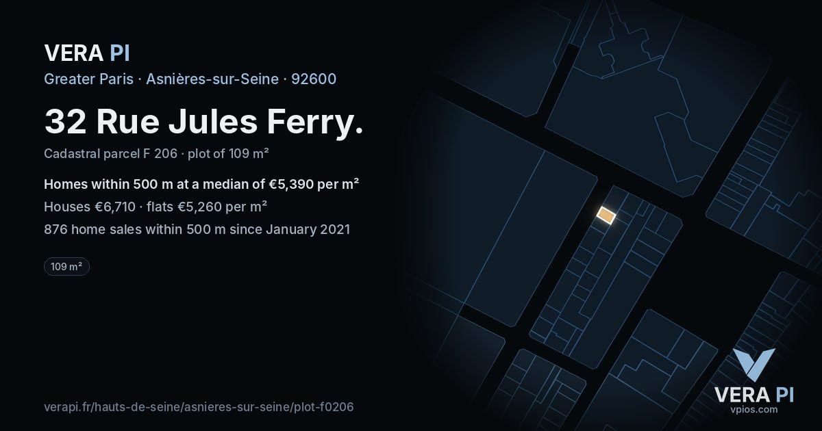 32 Rue Jules Ferry, Asnières-sur-Seine at night – the plot lit, the parcels around coloured by the prices near them