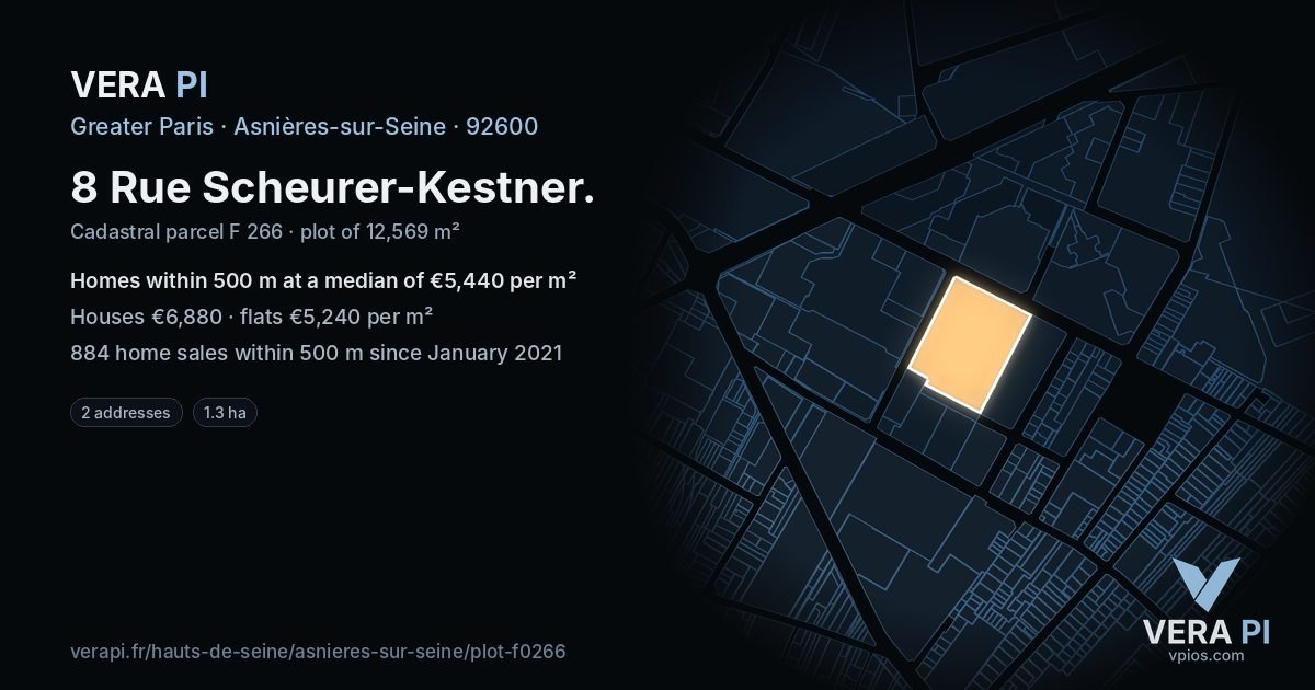 8 Rue Scheurer-Kestner, Asnières-sur-Seine at night – the plot lit, the parcels around coloured by the prices near them