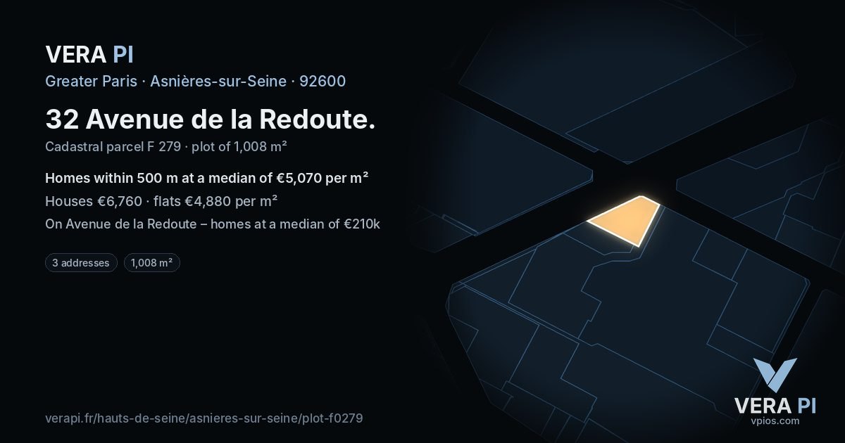32 Avenue de la Redoute, Asnières-sur-Seine at night – the plot lit, the parcels around coloured by the prices near them