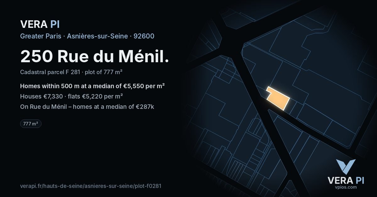 250 Rue du Ménil, Asnières-sur-Seine at night – the plot lit, the parcels around coloured by the prices near them
