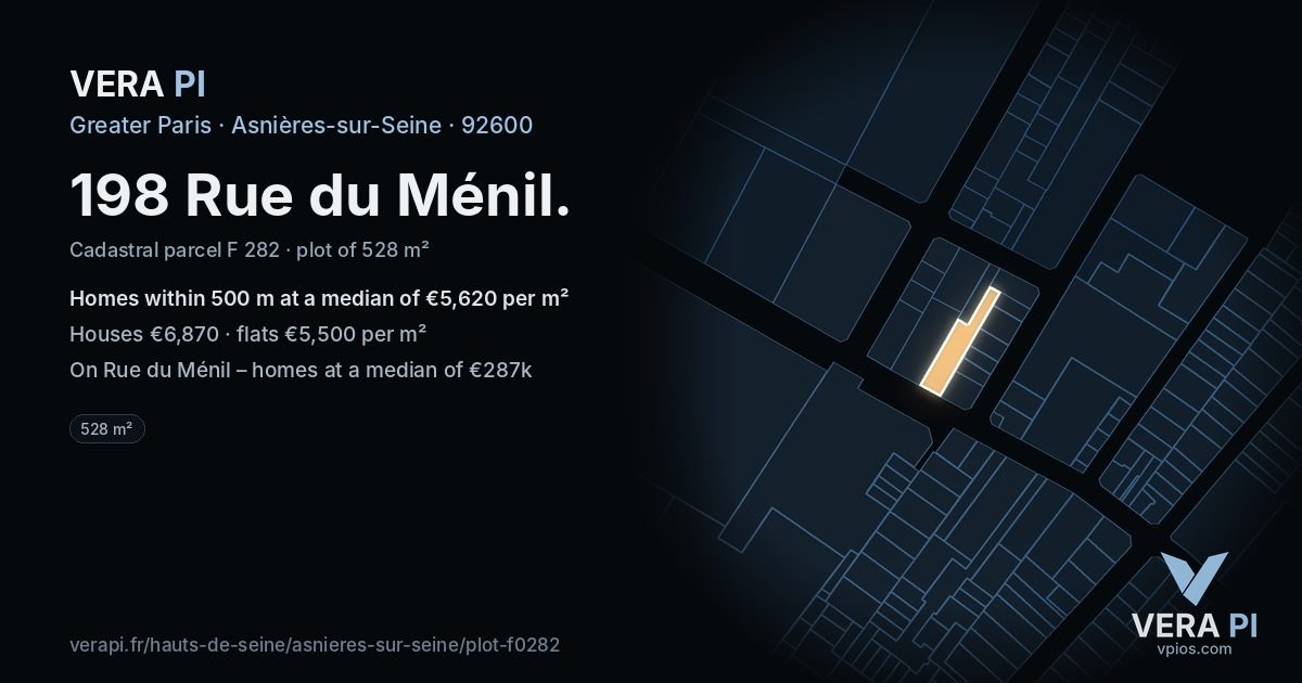 198 Rue du Ménil, Asnières-sur-Seine at night – the plot lit, the parcels around coloured by the prices near them