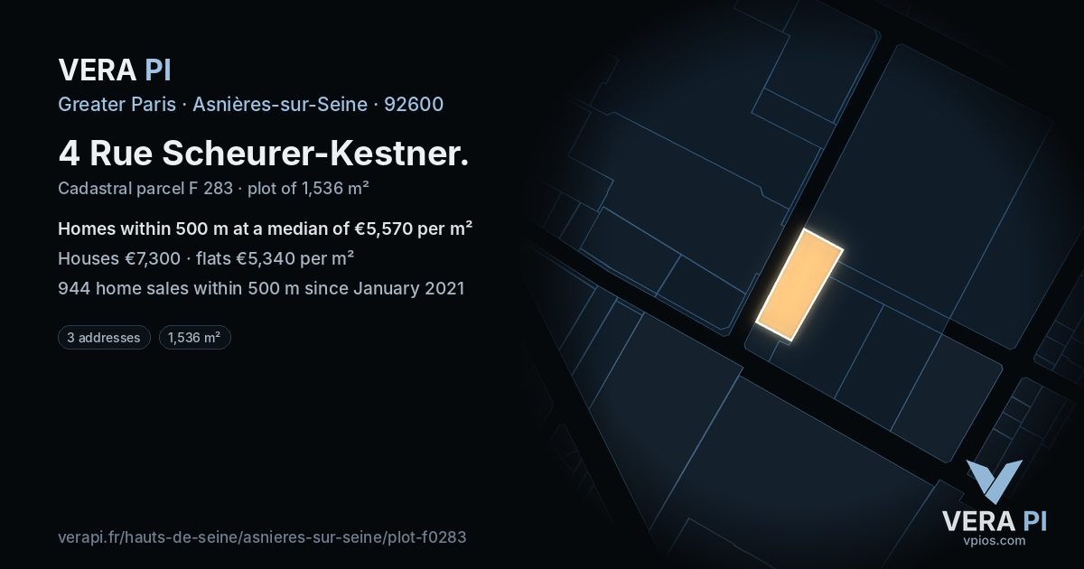 4 Rue Scheurer-Kestner, Asnières-sur-Seine at night – the plot lit, the parcels around coloured by the prices near them