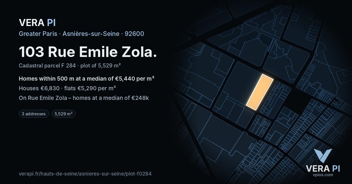 103 Rue Emile Zola, Asnières-sur-Seine at night – the plot lit, the parcels around coloured by the prices near them