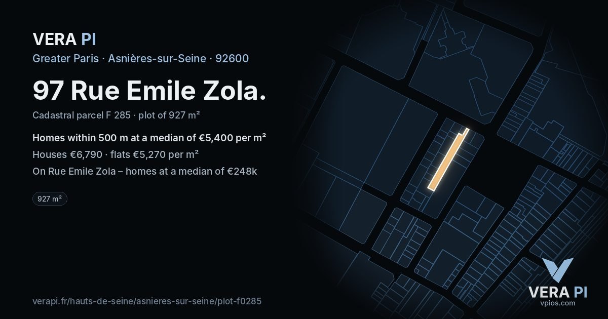 97 Rue Emile Zola, Asnières-sur-Seine at night – the plot lit, the parcels around coloured by the prices near them