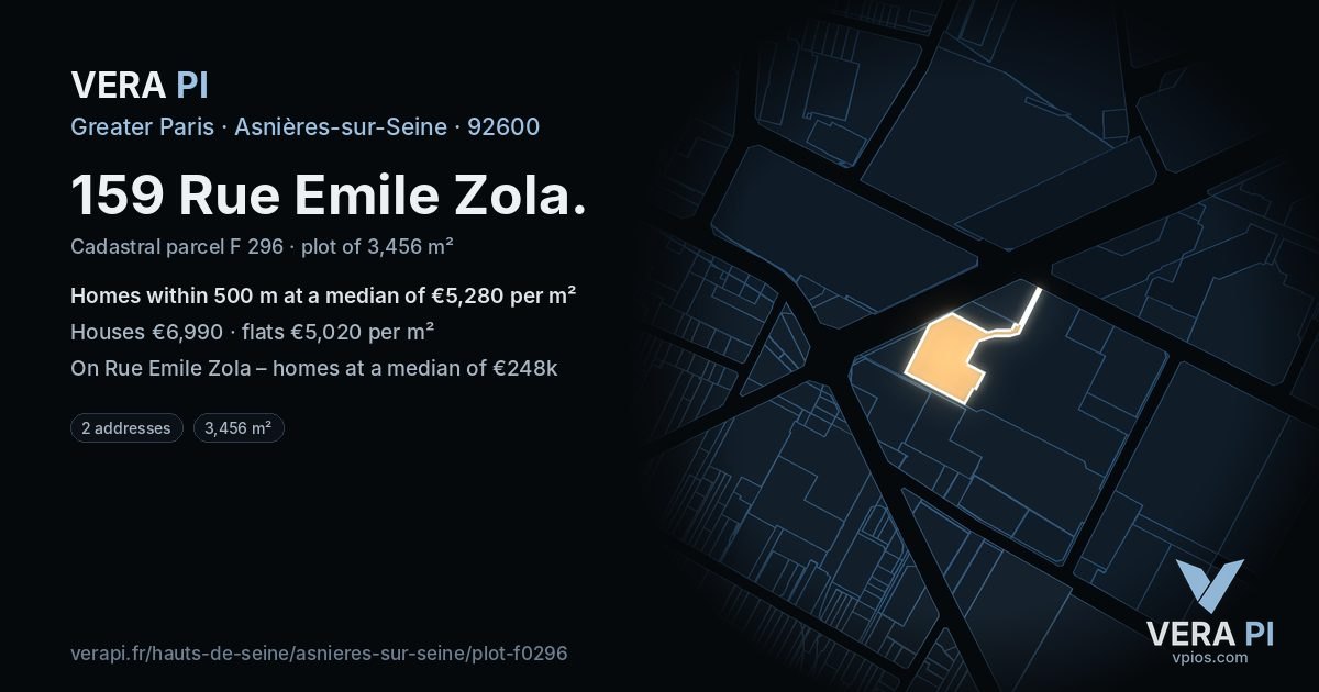 159 Rue Emile Zola, Asnières-sur-Seine at night – the plot lit, the parcels around coloured by the prices near them
