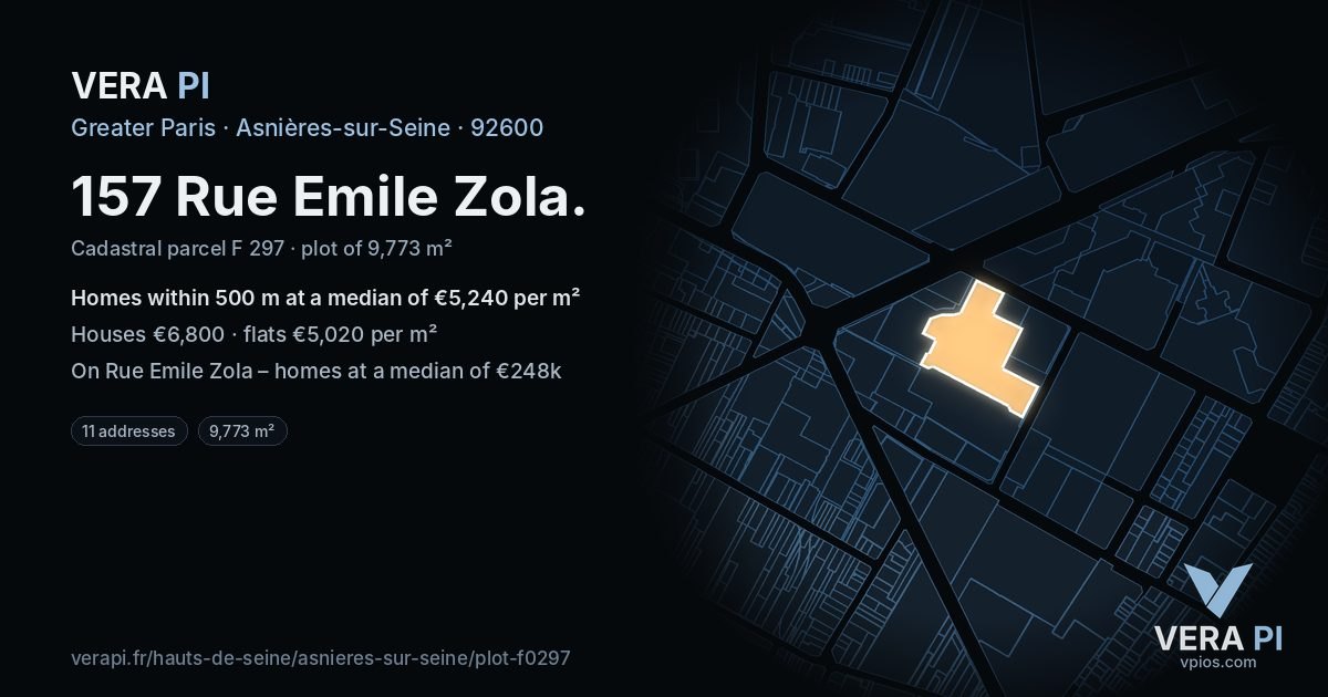 157 Rue Emile Zola, Asnières-sur-Seine at night – the plot lit, the parcels around coloured by the prices near them