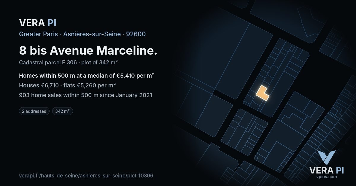 8 bis Avenue Marceline, Asnières-sur-Seine at night – the plot lit, the parcels around coloured by the prices near them