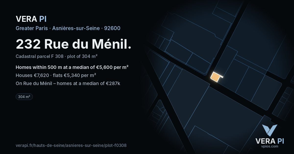232 Rue du Ménil, Asnières-sur-Seine at night – the plot lit, the parcels around coloured by the prices near them