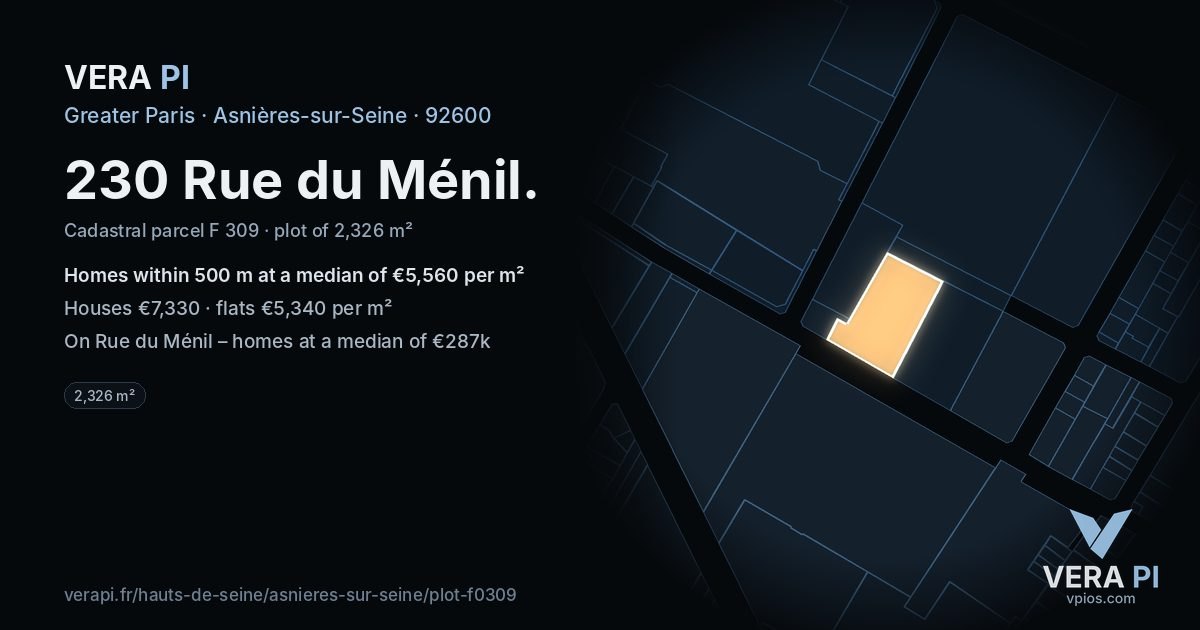 230 Rue du Ménil, Asnières-sur-Seine at night – the plot lit, the parcels around coloured by the prices near them