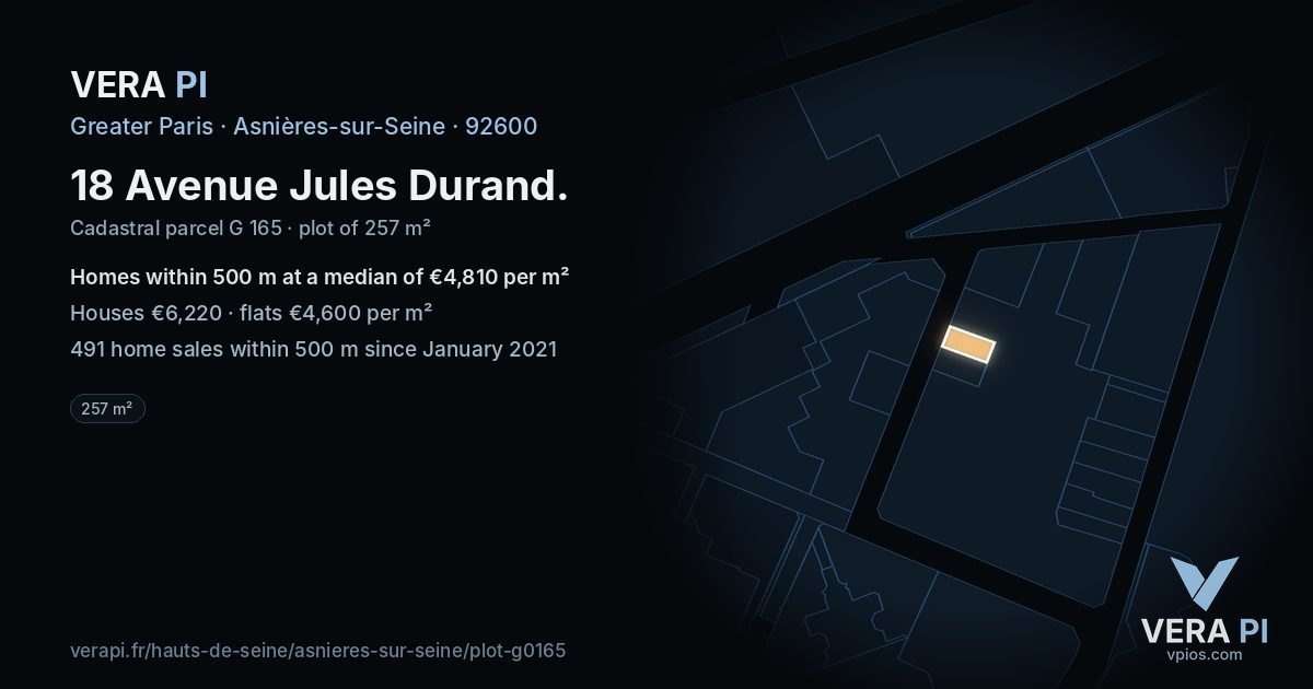 18 Avenue Jules Durand, Asnières-sur-Seine at night – the plot lit, the parcels around coloured by the prices near them