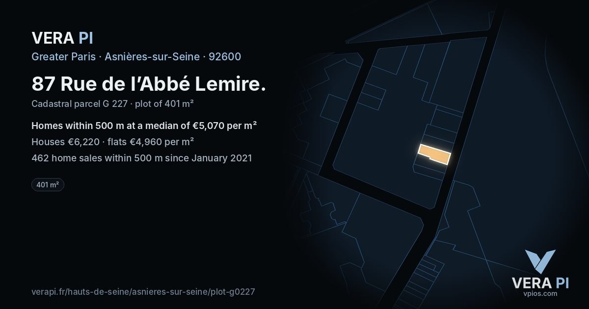 87 Rue de l’Abbé Lemire, Asnières-sur-Seine at night – the plot lit, the parcels around coloured by the prices near them