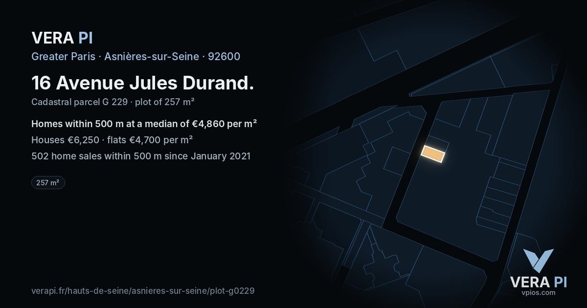 16 Avenue Jules Durand, Asnières-sur-Seine at night – the plot lit, the parcels around coloured by the prices near them