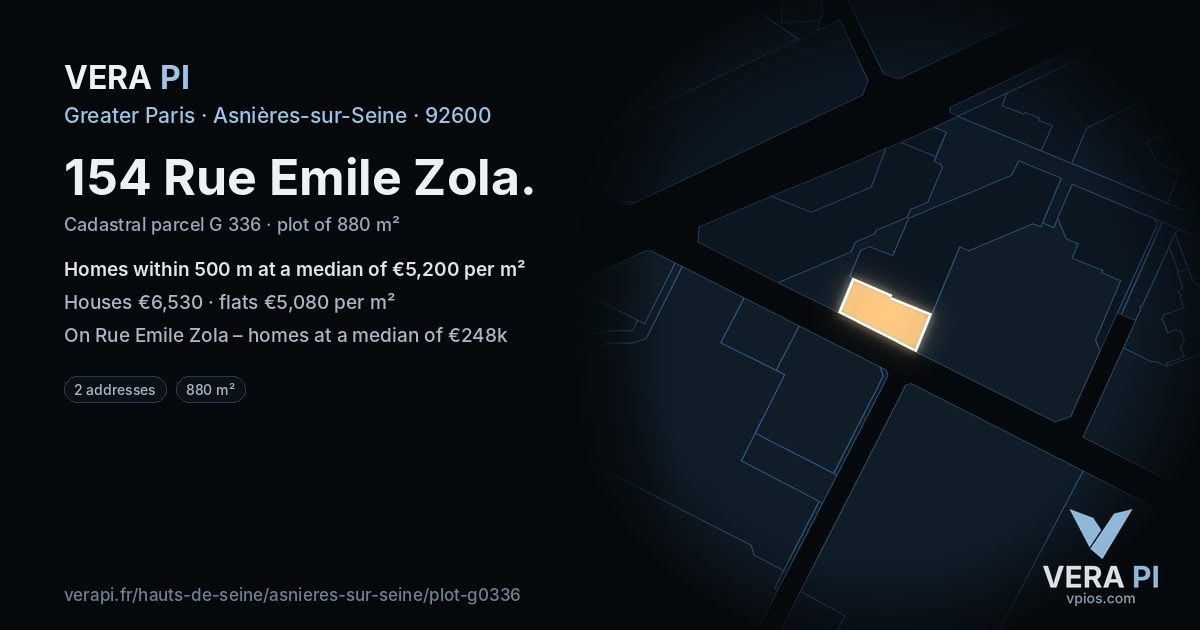 154 Rue Emile Zola, Asnières-sur-Seine at night – the plot lit, the parcels around coloured by the prices near them