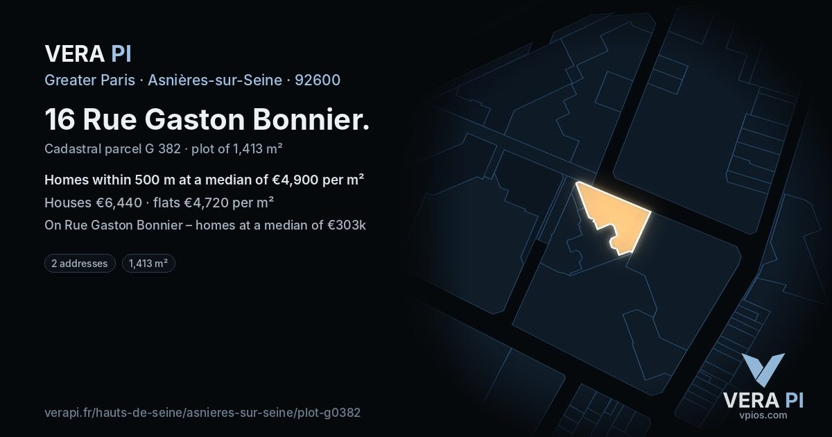 16 Rue Gaston Bonnier, Asnières-sur-Seine at night – the plot lit, the parcels around coloured by the prices near them