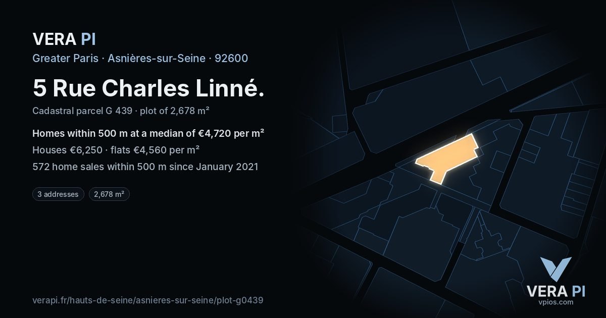 5 Rue Charles Linné, Asnières-sur-Seine at night – the plot lit, the parcels around coloured by the prices near them