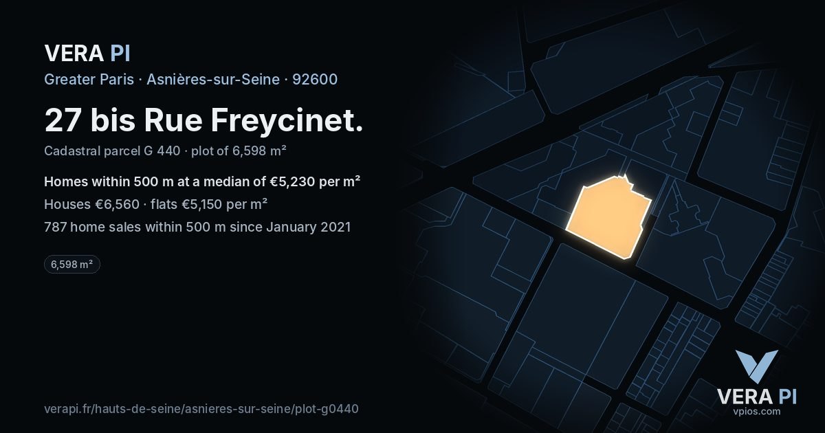 27 bis Rue Freycinet, Asnières-sur-Seine at night – the plot lit, the parcels around coloured by the prices near them