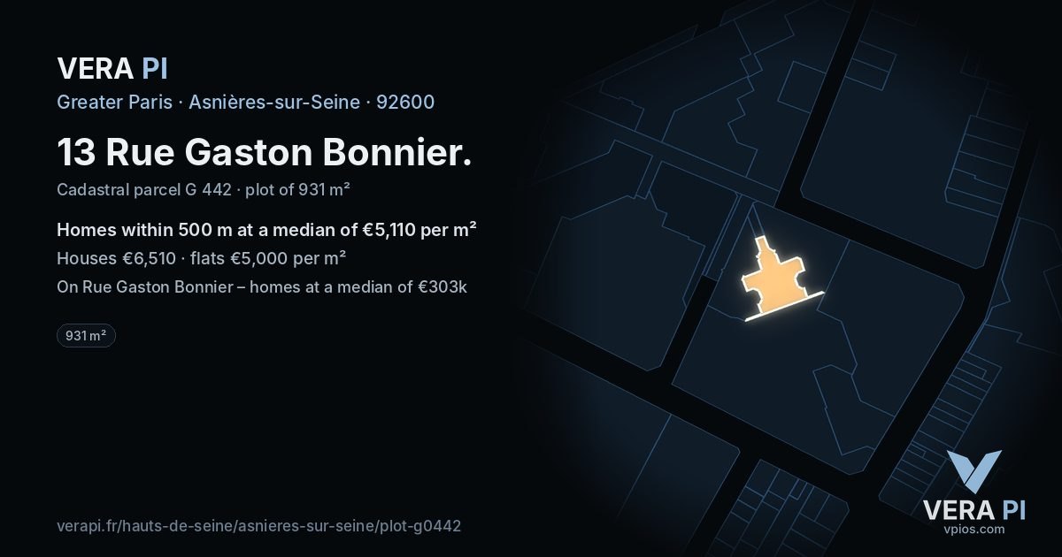 13 Rue Gaston Bonnier, Asnières-sur-Seine at night – the plot lit, the parcels around coloured by the prices near them