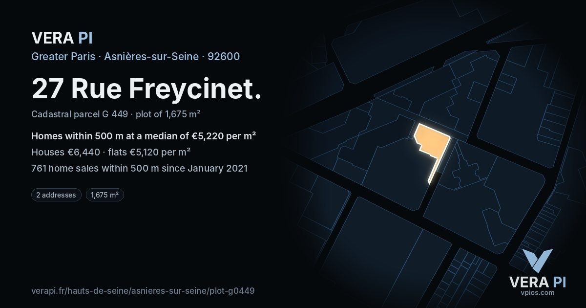 27 Rue Freycinet, Asnières-sur-Seine at night – the plot lit, the parcels around coloured by the prices near them