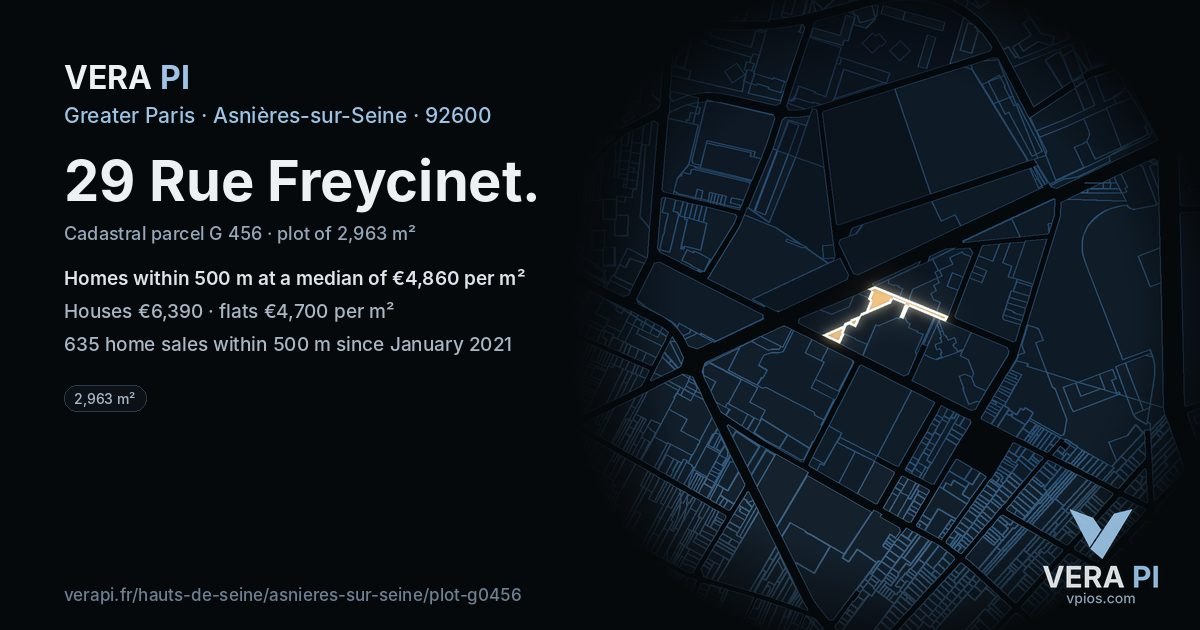 29 Rue Freycinet, Asnières-sur-Seine at night – the plot lit, the parcels around coloured by the prices near them
