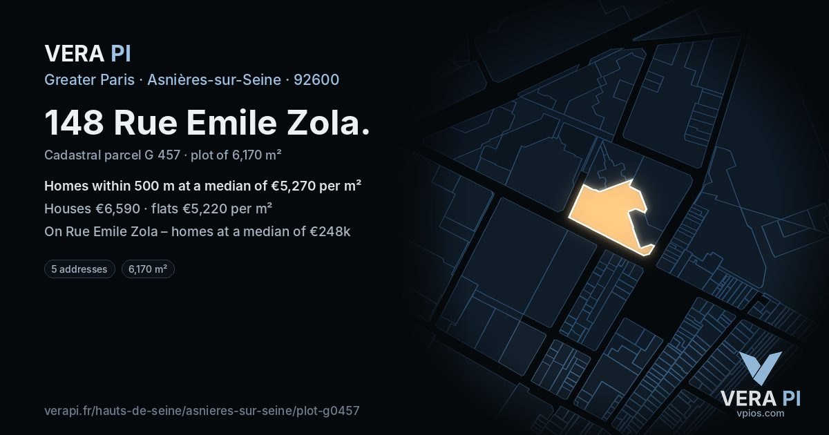 148 Rue Emile Zola, Asnières-sur-Seine at night – the plot lit, the parcels around coloured by the prices near them