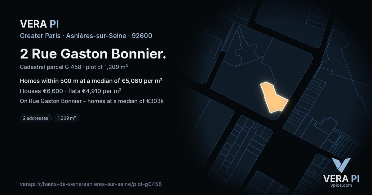 2 Rue Gaston Bonnier, Asnières-sur-Seine at night – the plot lit, the parcels around coloured by the prices near them