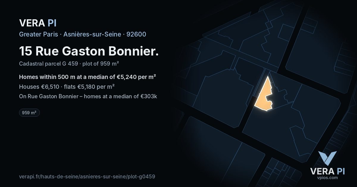15 Rue Gaston Bonnier, Asnières-sur-Seine at night – the plot lit, the parcels around coloured by the prices near them