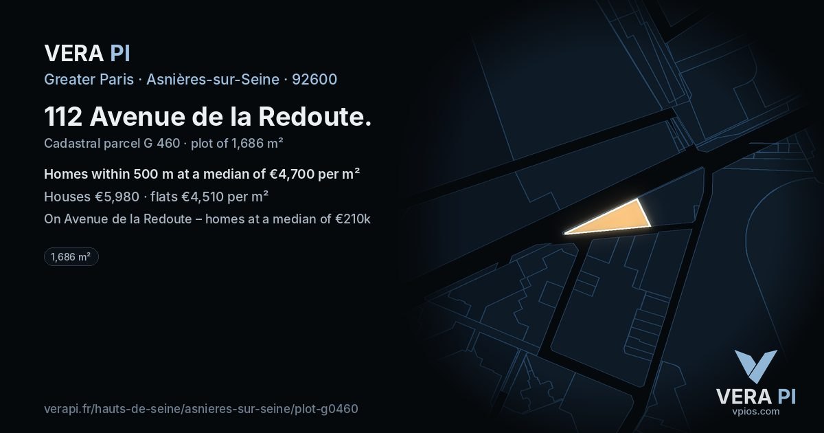 112 Avenue de la Redoute, Asnières-sur-Seine at night – the plot lit, the parcels around coloured by the prices near them