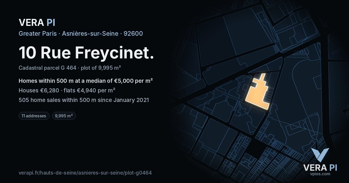 10 Rue Freycinet, Asnières-sur-Seine at night – the plot lit, the parcels around coloured by the prices near them