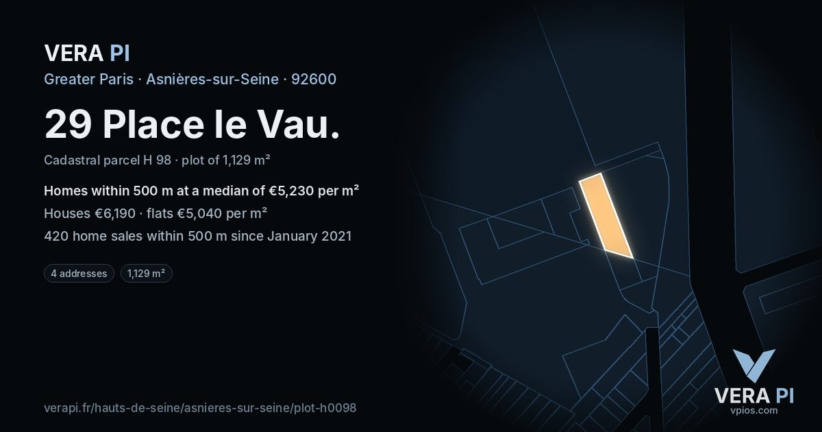 29 Place le Vau, Asnières-sur-Seine at night – the plot lit, the parcels around coloured by the prices near them