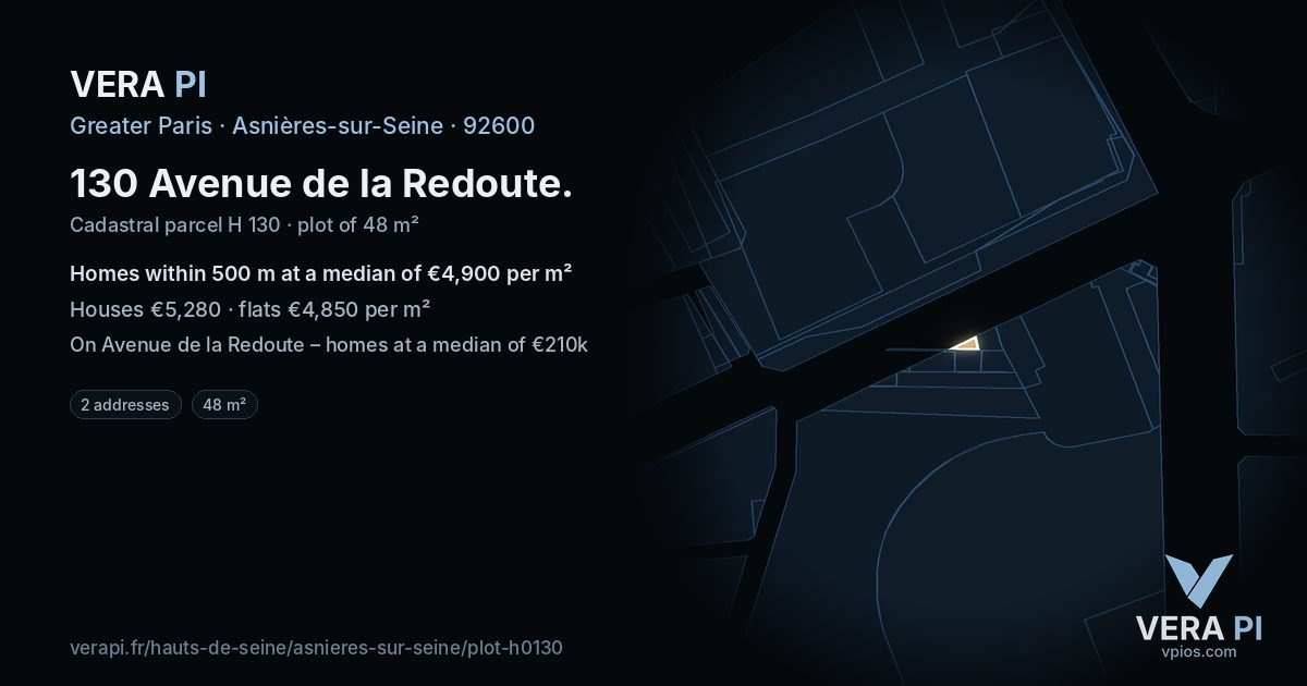 130 Avenue de la Redoute, Asnières-sur-Seine at night – the plot lit, the parcels around coloured by the prices near them