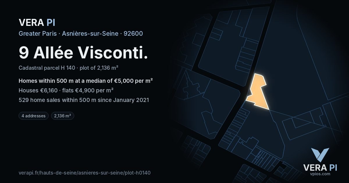 9 Allée Visconti, Asnières-sur-Seine at night – the plot lit, the parcels around coloured by the prices near them