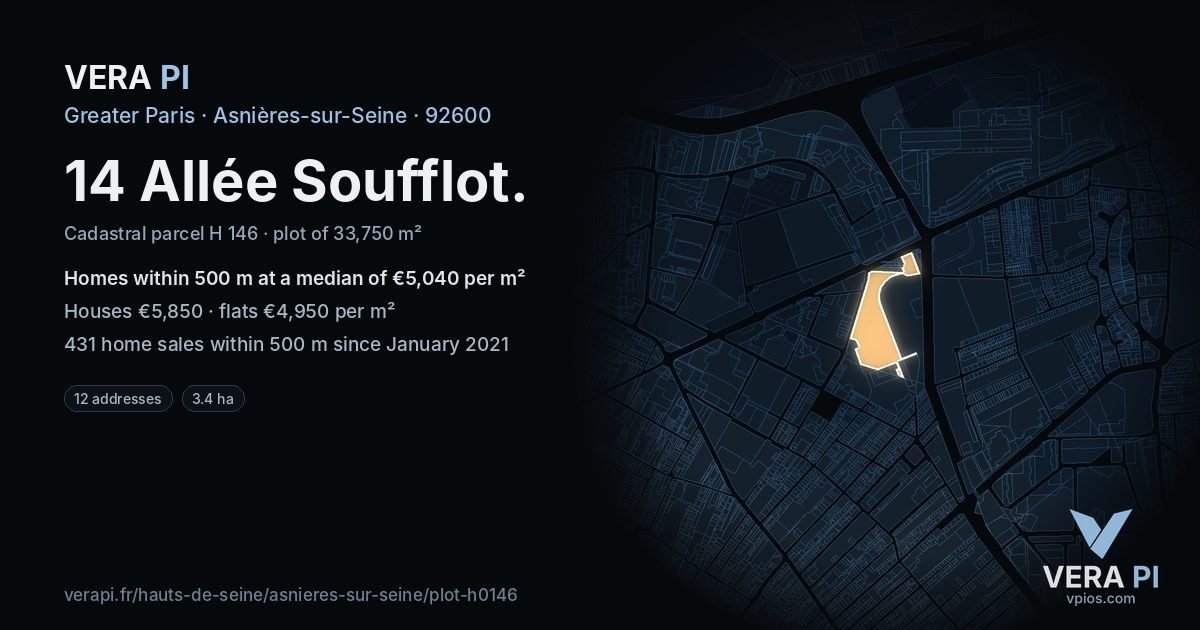 14 Allée Soufflot, Asnières-sur-Seine at night – the plot lit, the parcels around coloured by the prices near them