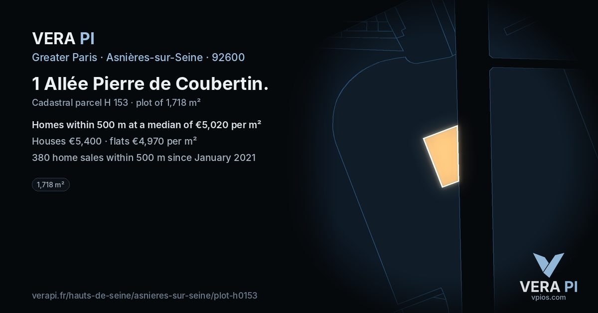 1 Allée Pierre de Coubertin, Asnières-sur-Seine at night – the plot lit, the parcels around coloured by the prices near them