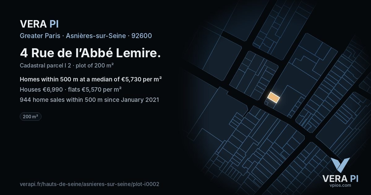 4 Rue de l’Abbé Lemire, Asnières-sur-Seine at night – the plot lit, the parcels around coloured by the prices near them