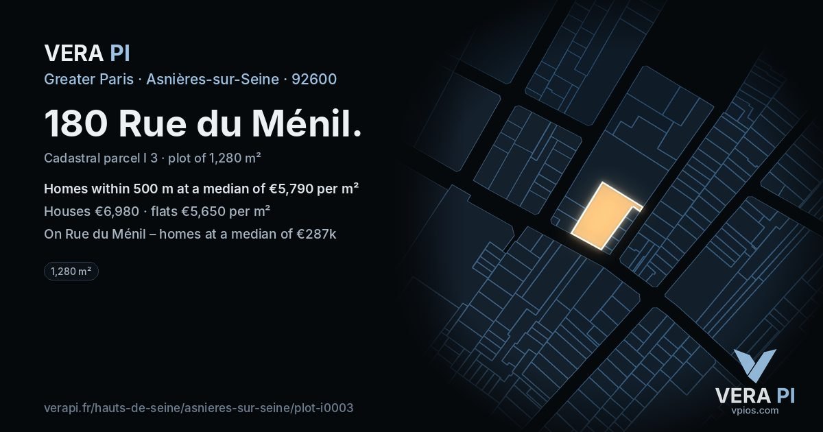 180 Rue du Ménil, Asnières-sur-Seine at night – the plot lit, the parcels around coloured by the prices near them