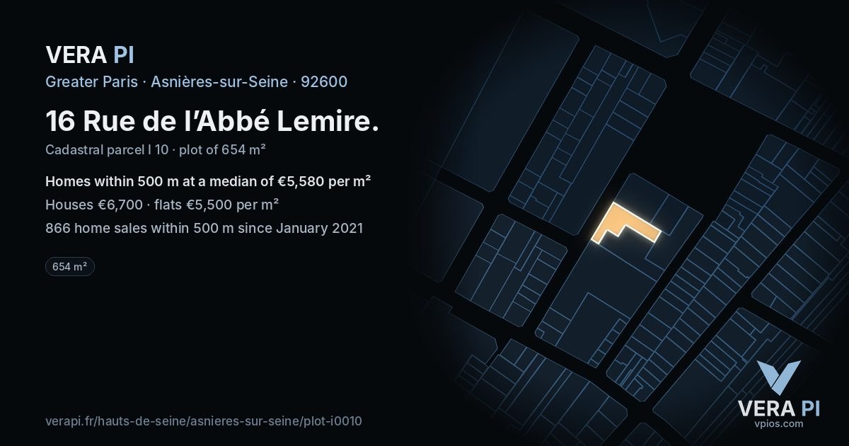 16 Rue de l’Abbé Lemire, Asnières-sur-Seine at night – the plot lit, the parcels around coloured by the prices near them