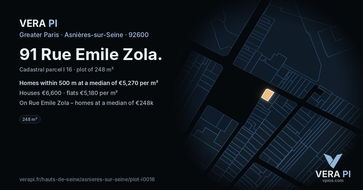 91 Rue Emile Zola, Asnières-sur-Seine at night – the plot lit, the parcels around coloured by the prices near them