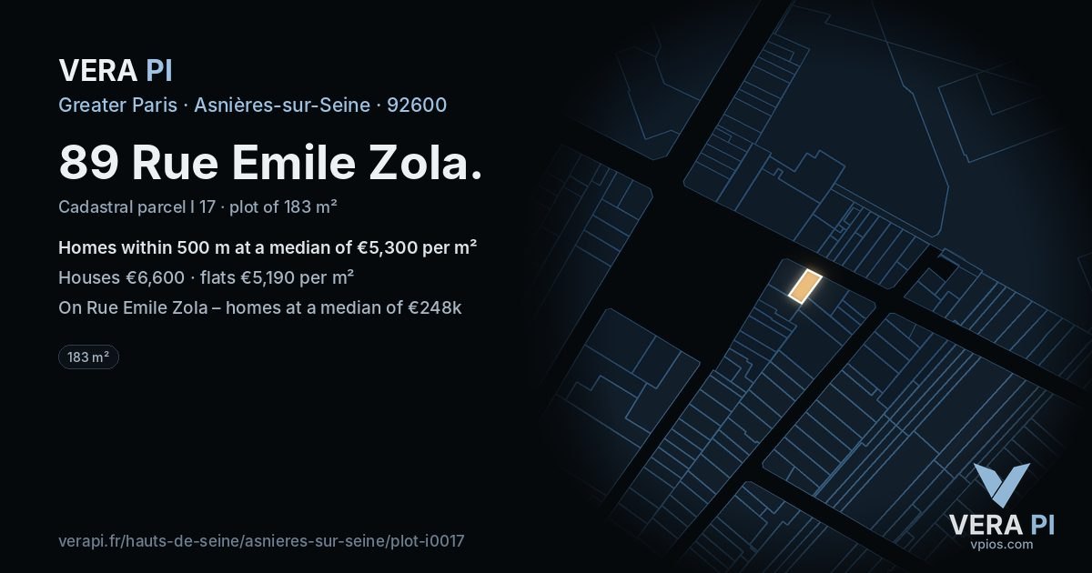 89 Rue Emile Zola, Asnières-sur-Seine at night – the plot lit, the parcels around coloured by the prices near them