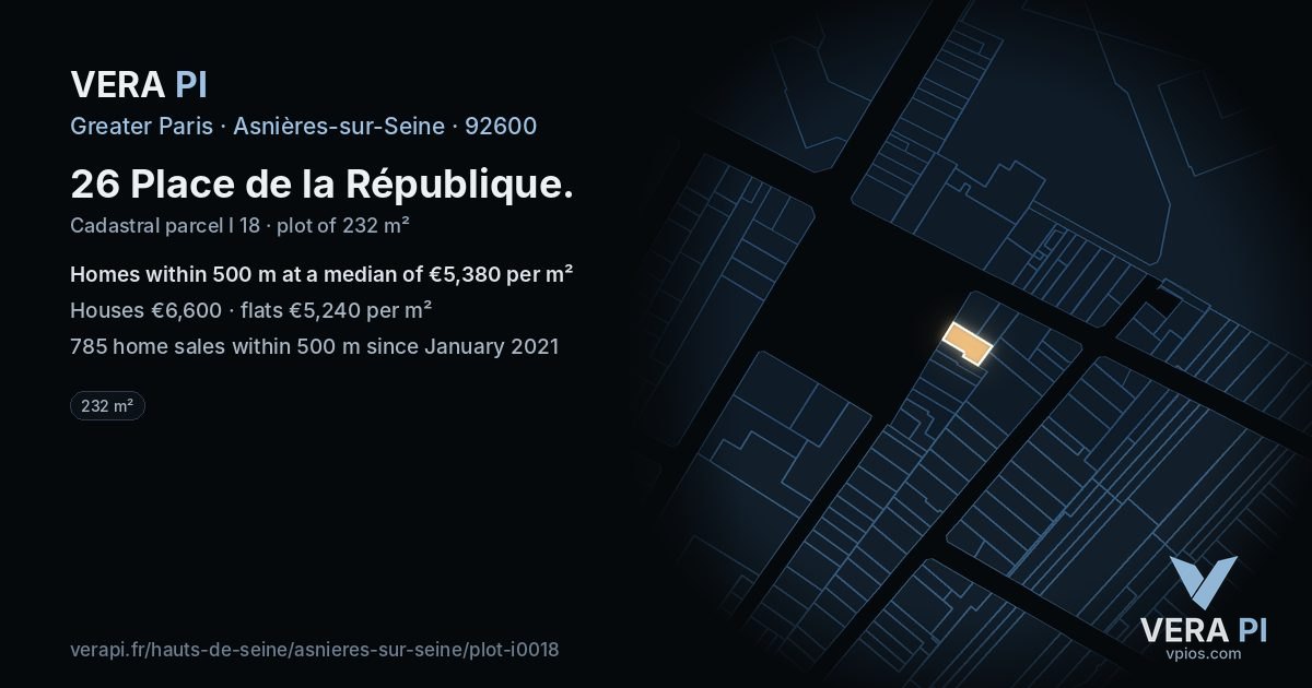 26 Place de la République, Asnières-sur-Seine at night – the plot lit, the parcels around coloured by the prices near them
