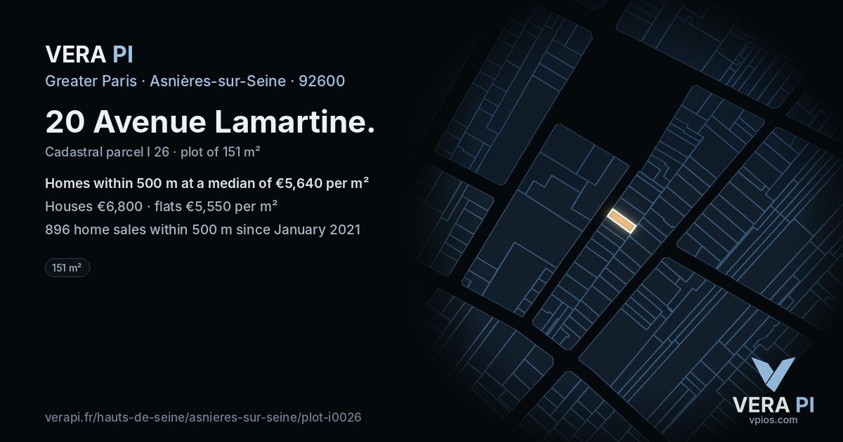 20 Avenue Lamartine, Asnières-sur-Seine at night – the plot lit, the parcels around coloured by the prices near them